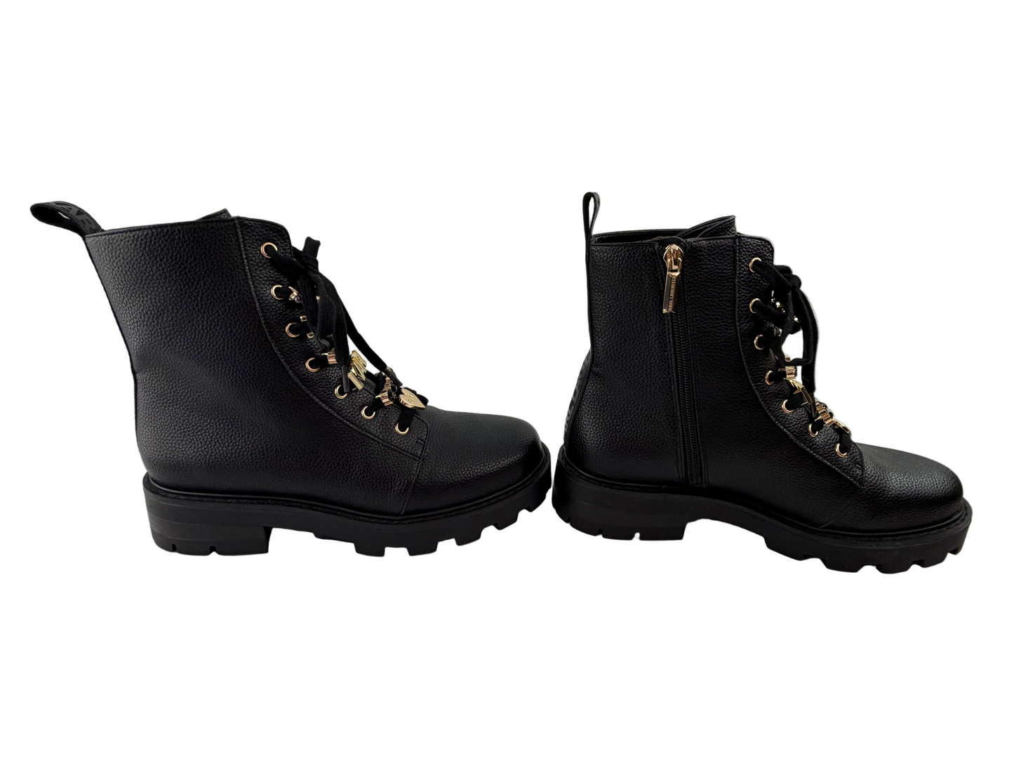 Karl Lagerfeld Paris Black Combat Boots with Gold Chain Detail - Size 8.5 - NWOT - Resale Thrift Boutique LLC.