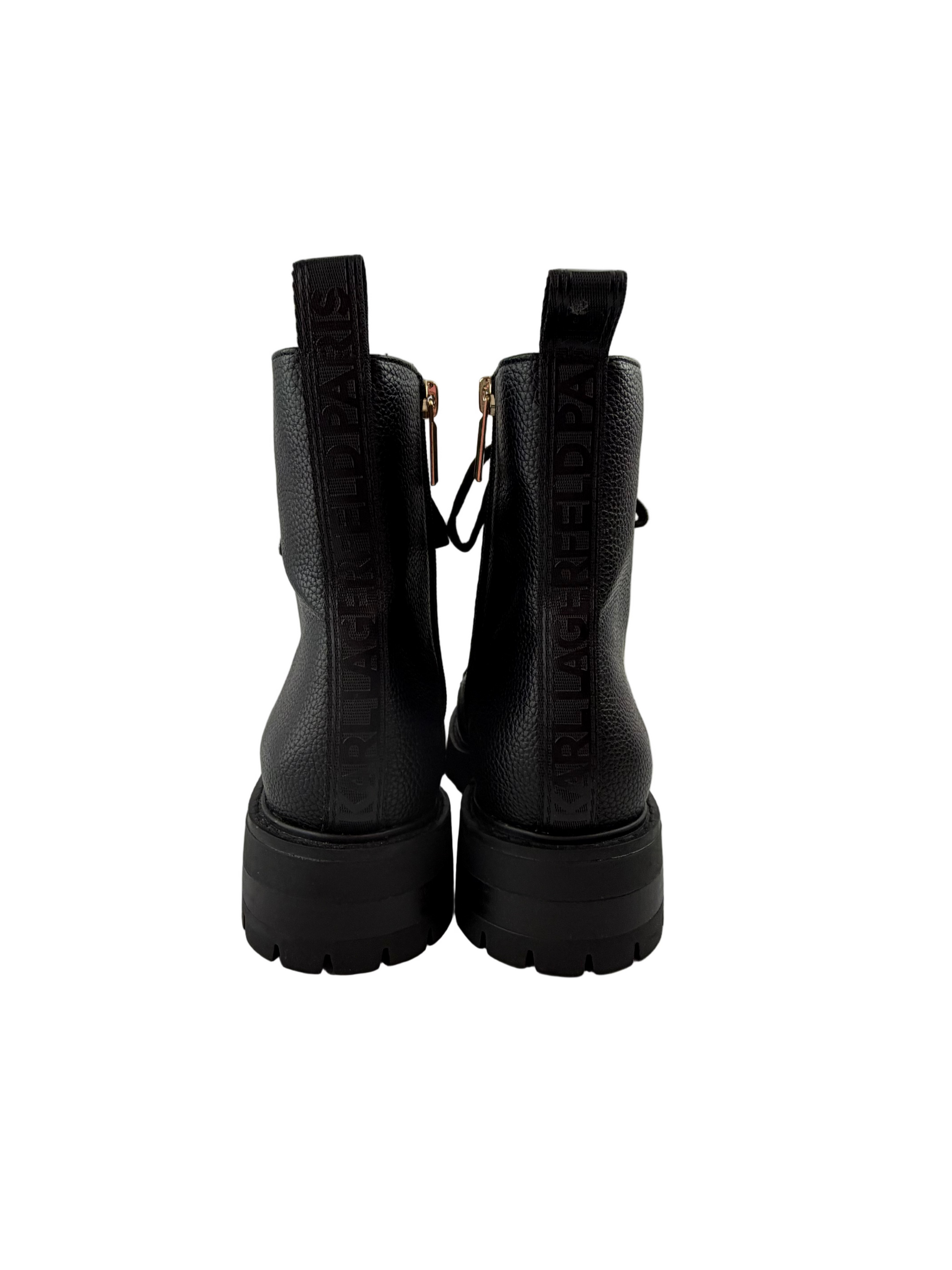 Karl Lagerfeld Paris Black Combat Boots with Gold Chain Detail - Size 8.5 - NWOT - Resale Thrift Boutique LLC.