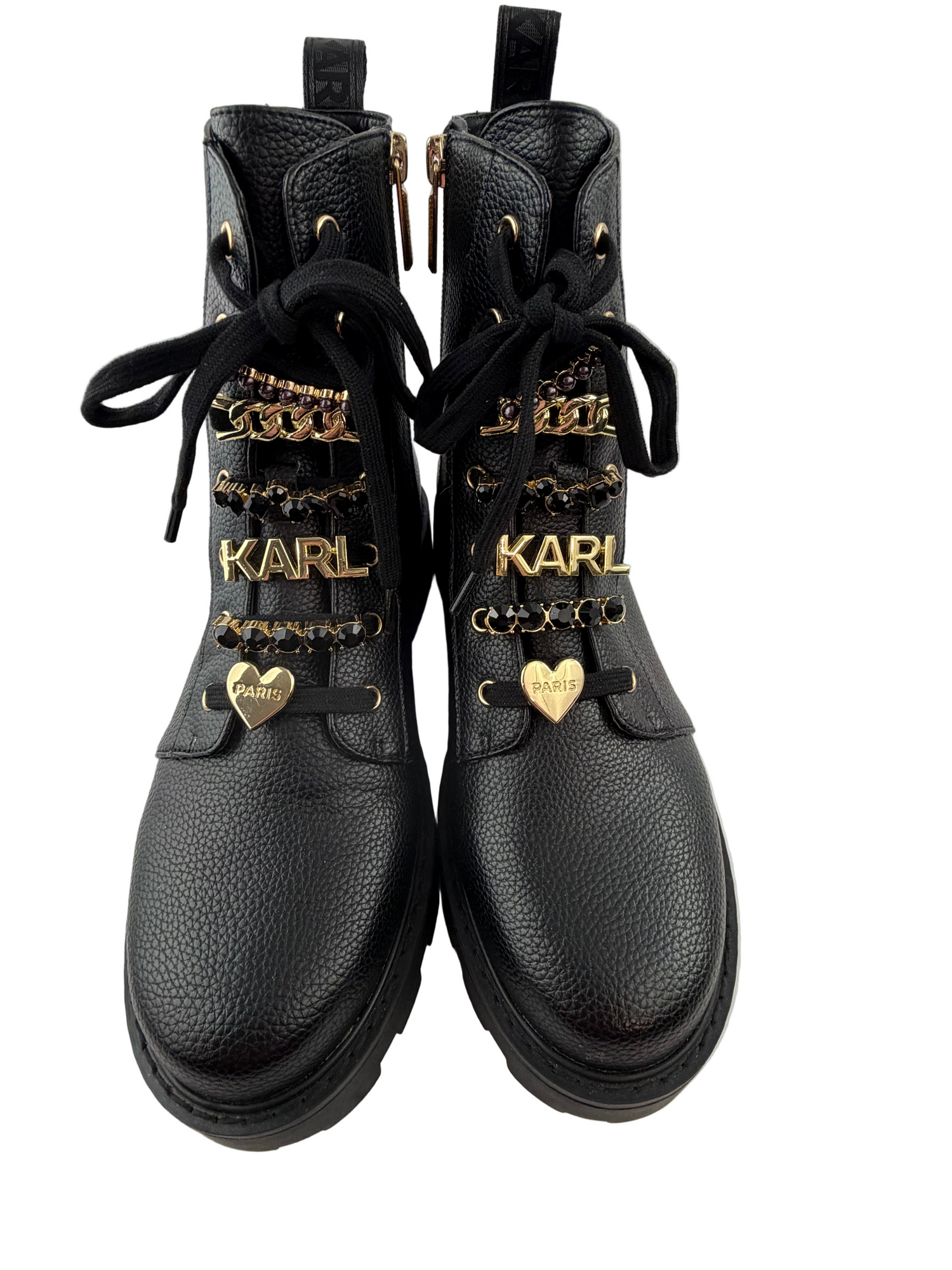 Karl Lagerfeld Paris Black Combat Boots with Gold Chain Detail - Size 8.5 - NWOT - Resale Thrift Boutique LLC.