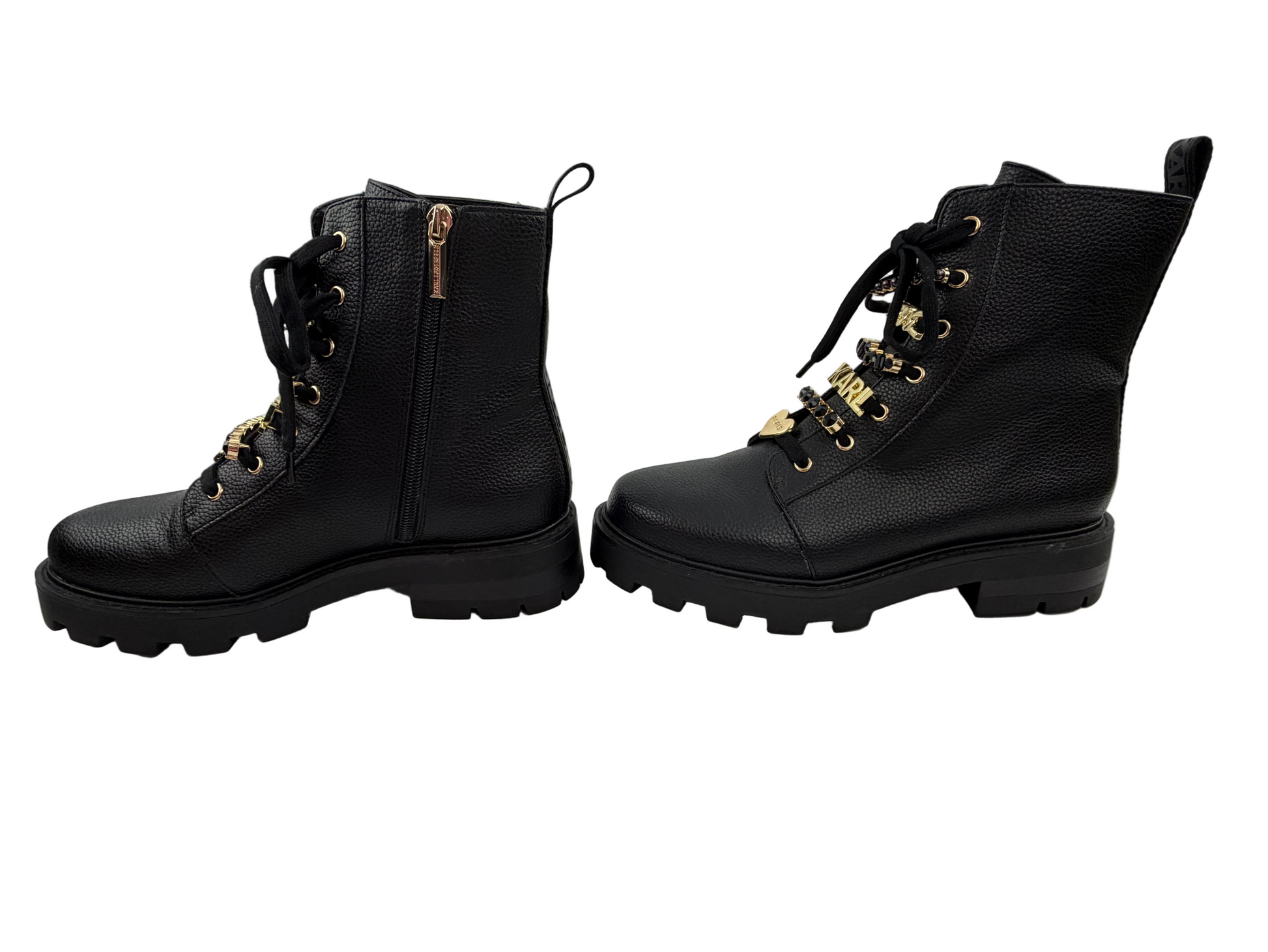 Karl Lagerfeld Paris Black Combat Boots with Gold Chain Detail - Size 8.5 - NWOT - Resale Thrift Boutique LLC.