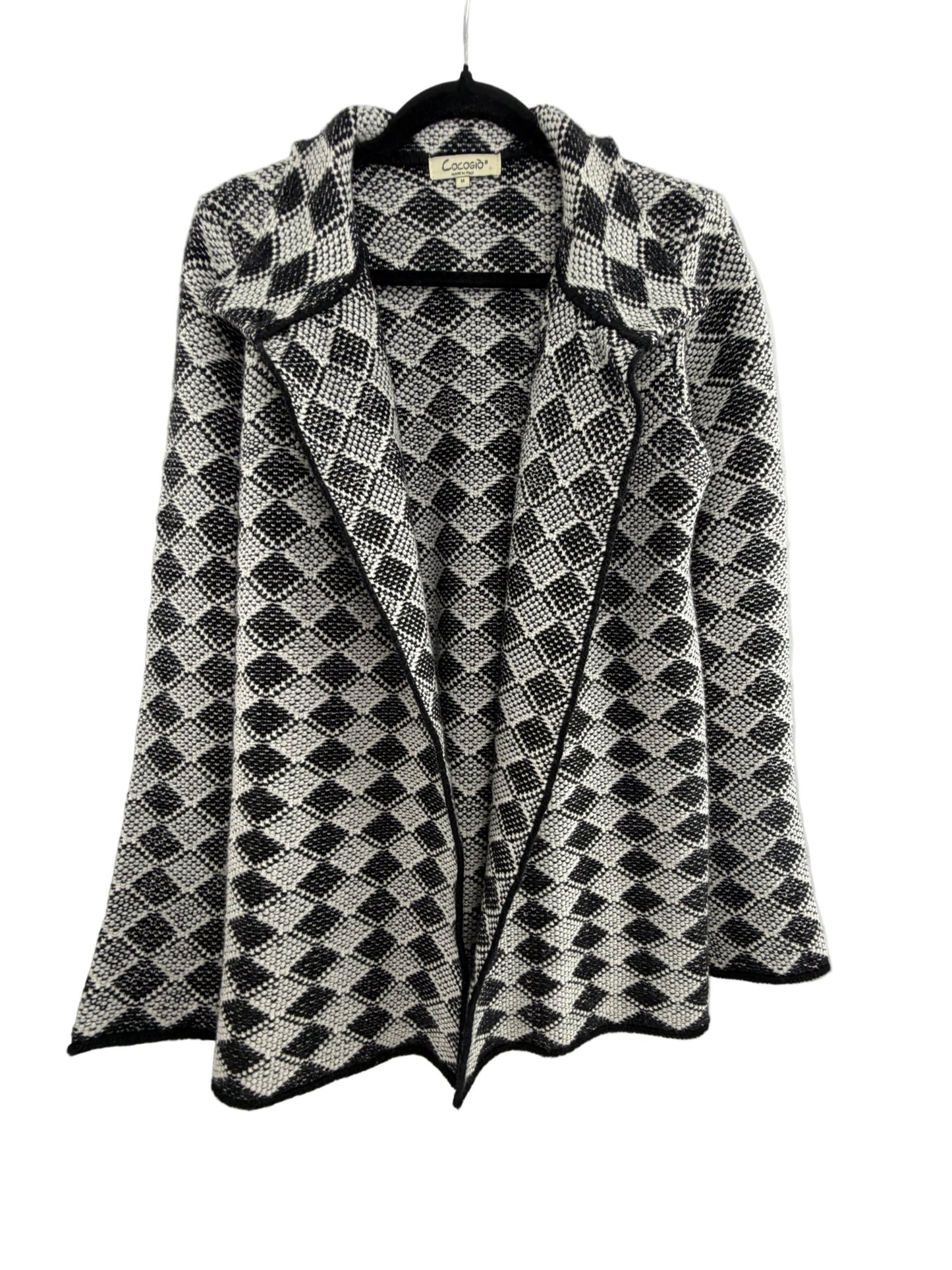 Cocogio Black White Geometric Open Front Cardigan Made in Italy - Resale Thrift Boutique LLC.