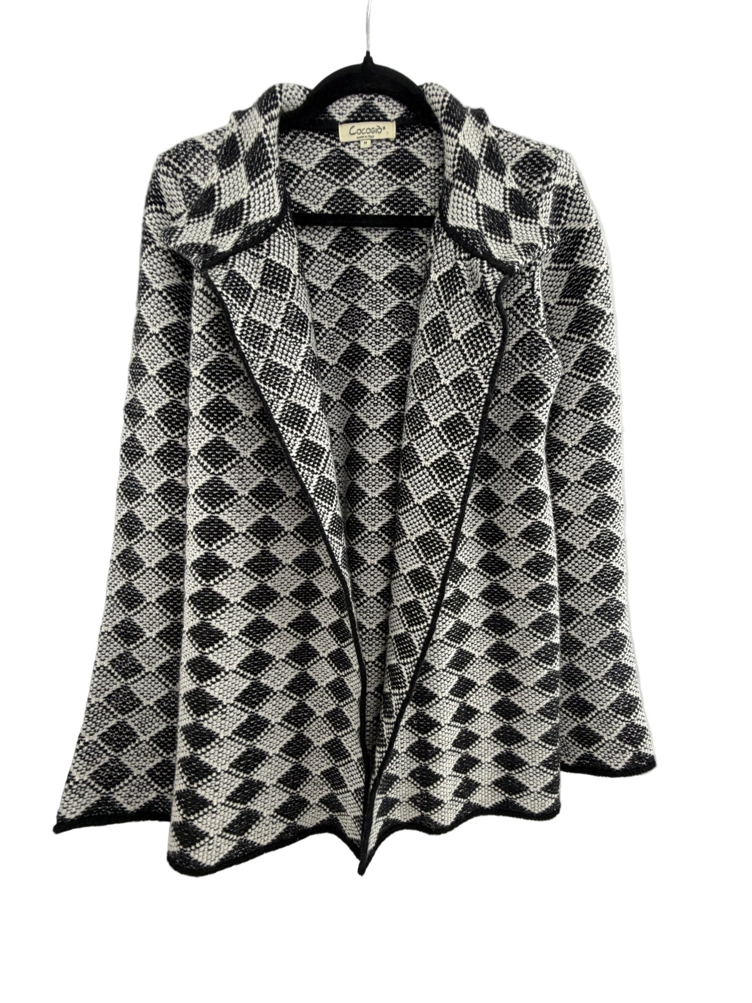 Cocogio Black White Geometric Open Front Cardigan Made in Italy - Resale Thrift Boutique LLC.