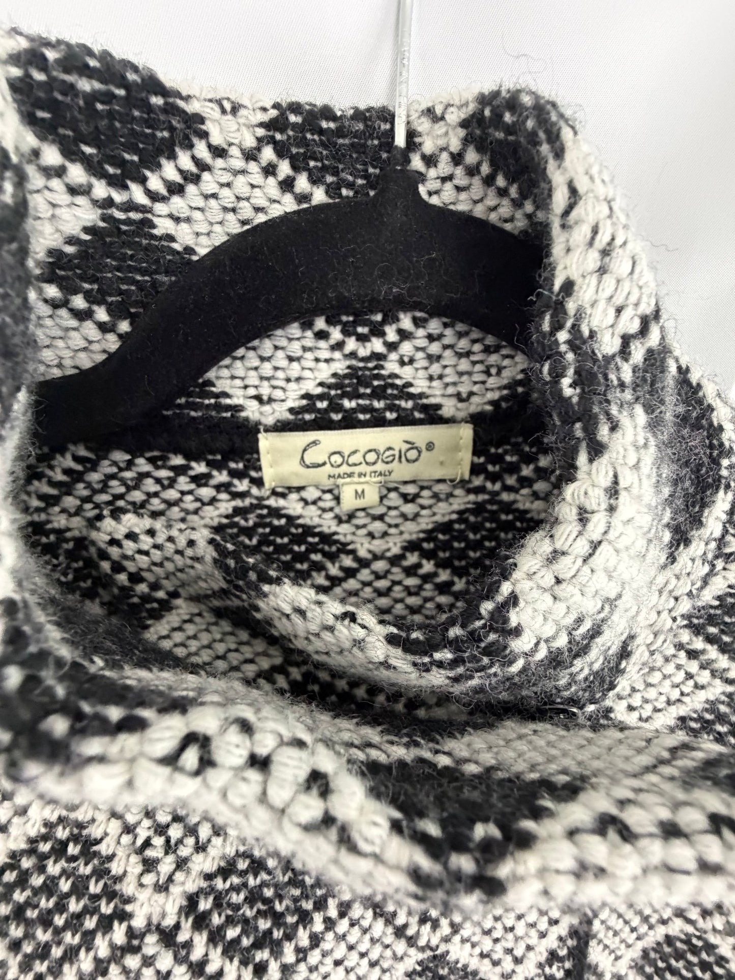 Cocogio Black White Geometric Open Front Cardigan Made in Italy - Resale Thrift Boutique LLC.