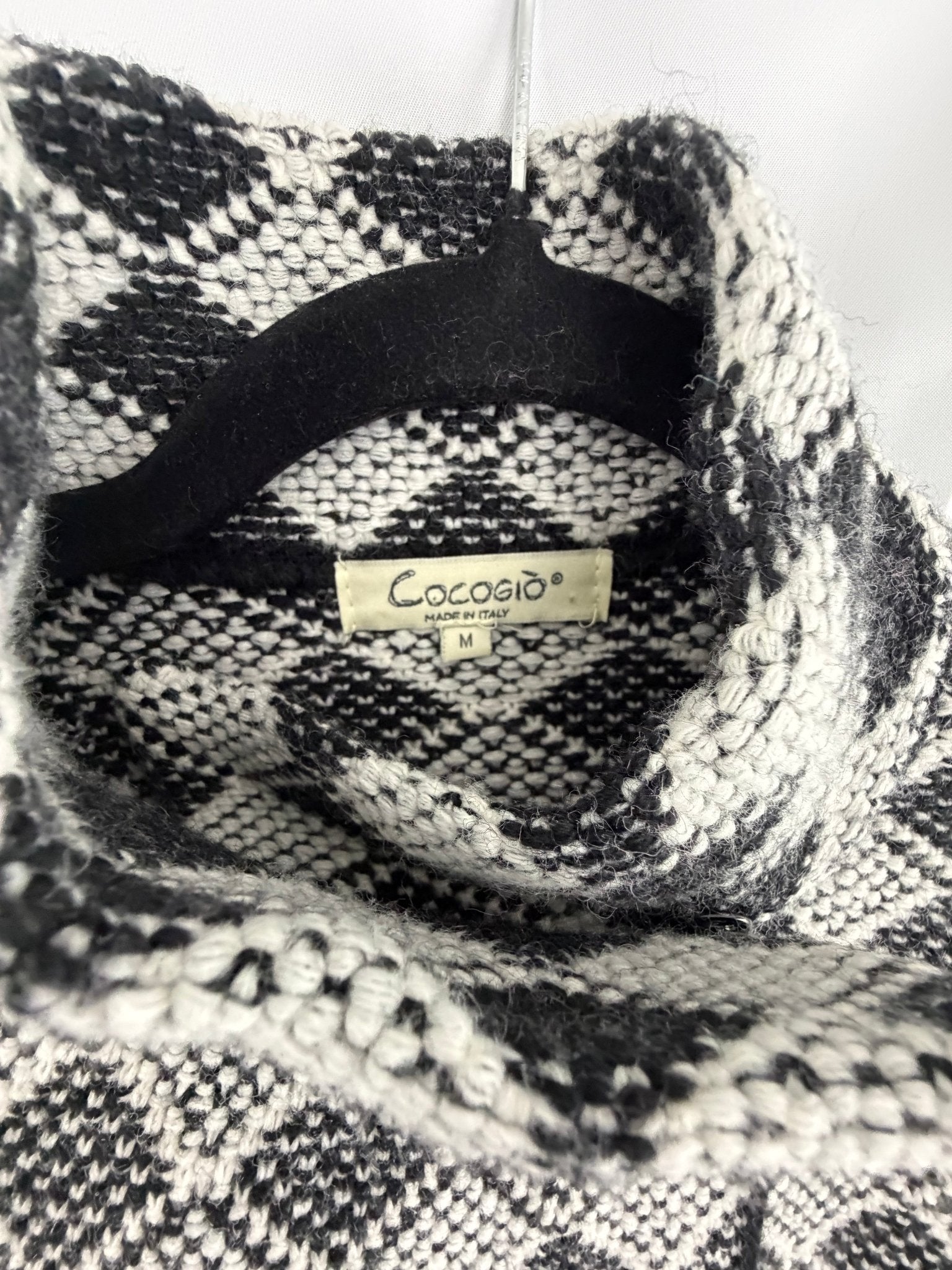 Cocogio Black White Geometric Open Front Cardigan Made in Italy - Resale Thrift Boutique LLC.