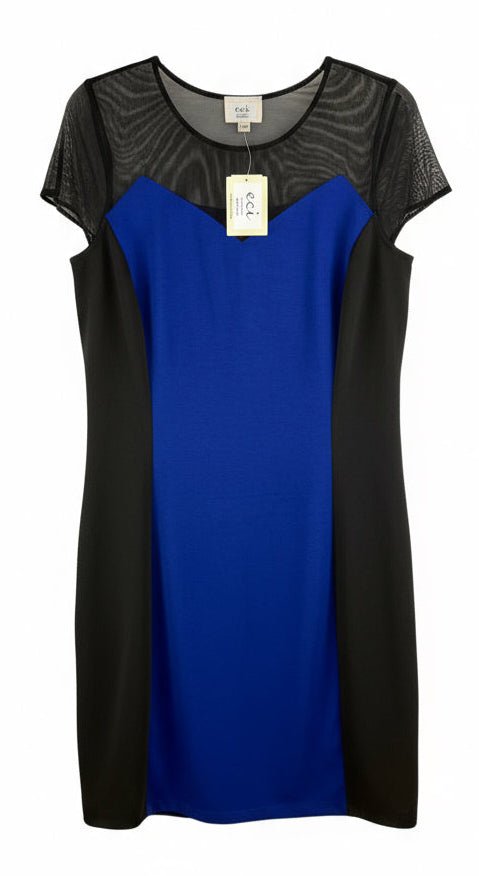 e.c.i. Blue & Black Color - Block Dress with Sheer Mesh Detail - NWT - Resale Thrift Boutique LLC.